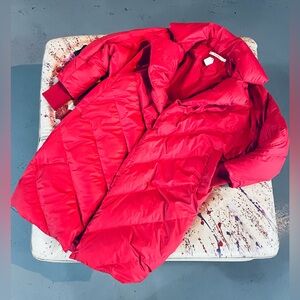 Long red puffer jacket